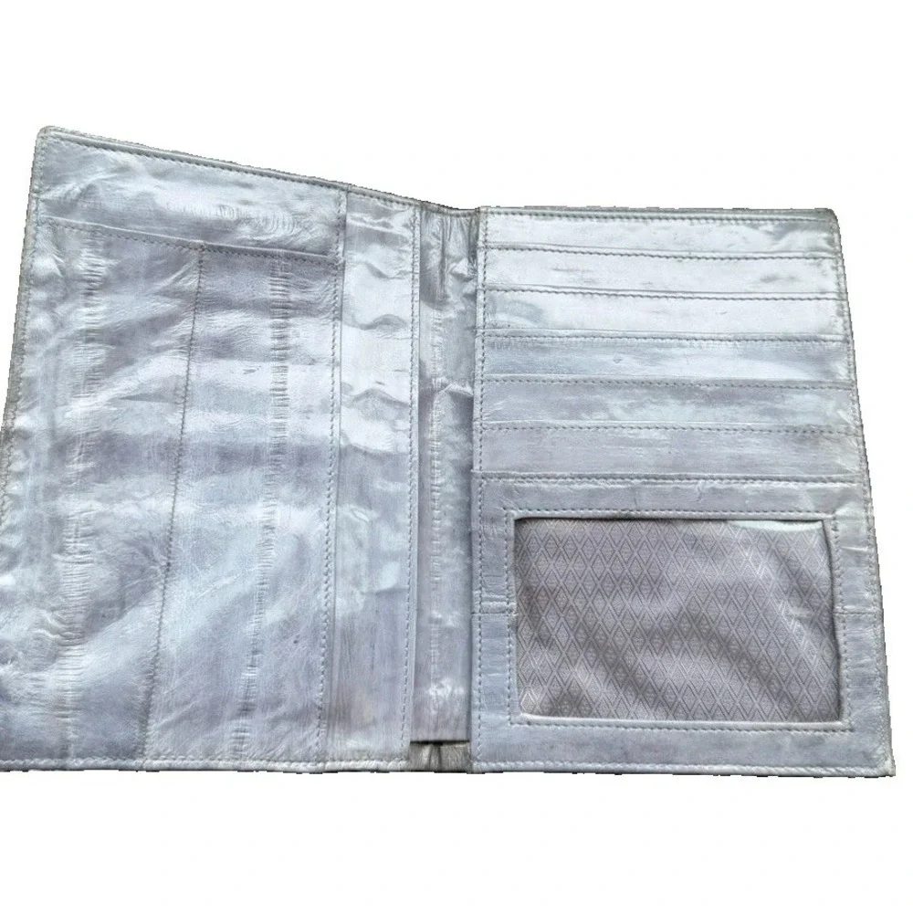 vintage genuine Gray Eel skin leather Bifold Large Wallet Passport Wallet Mens